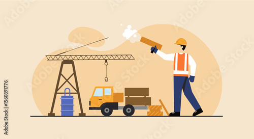 Flat design illustration of a construction worker operating a crane and truck for website banner or marketing presentation.