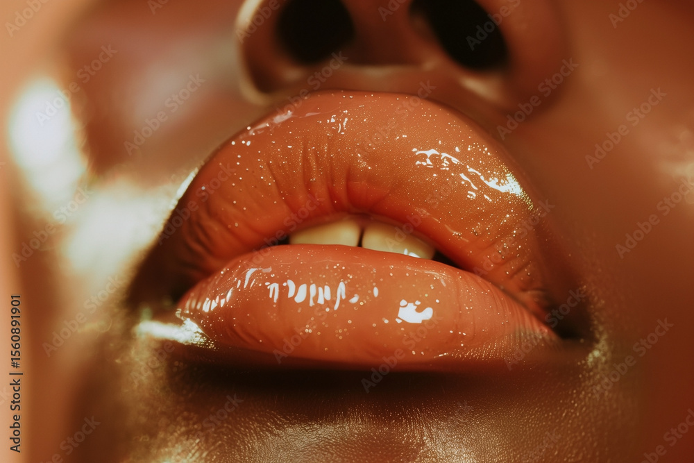 Obraz premium Close-up of glistening lips. A sensual, captivating image focusing on beauty, texture, and the allure of a radiant, healthy pout.
