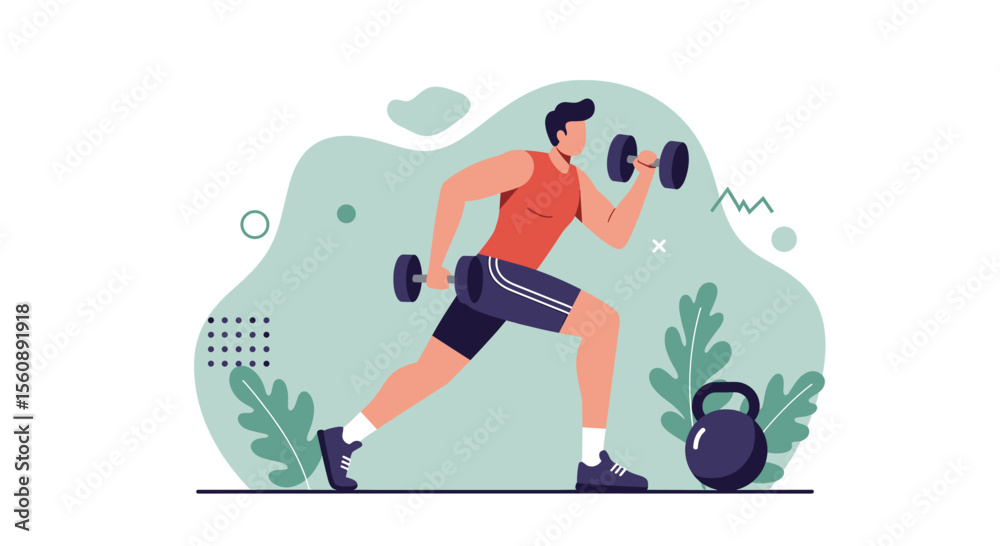 Man performing dumbbell lunges with kettlebell in flat design style, perfect for fitness marketing and web design. Man performing dumbbell lunges with kettlebell in flat design style, perfect for fitness marketing and web design.