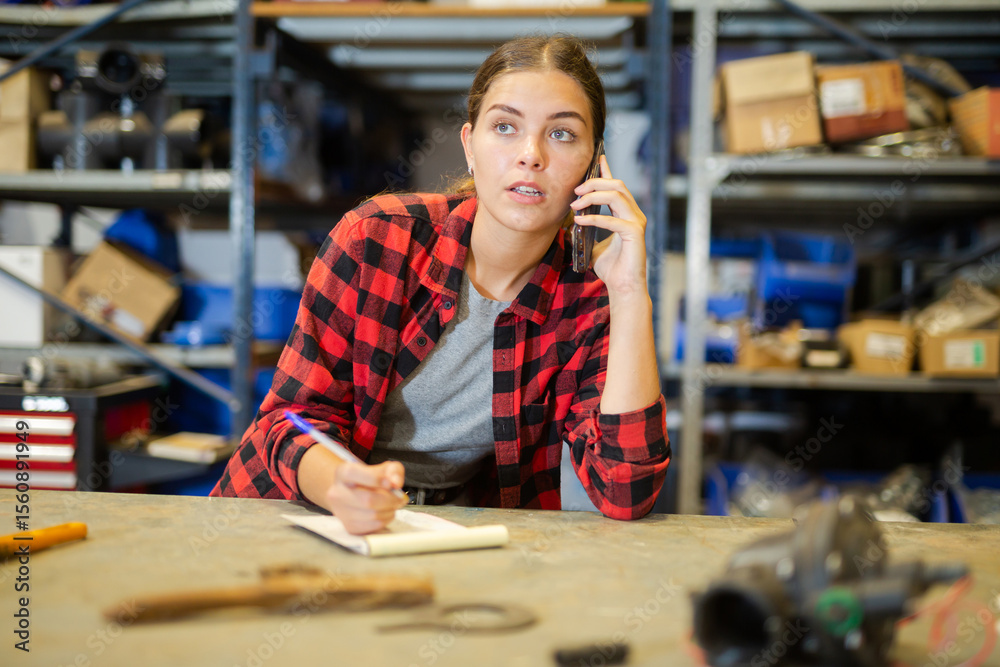 Fototapeta premium Young woman working in warehouse, making notes while talking on phone.