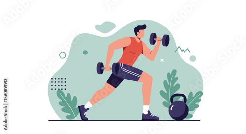 Man performing dumbbell lunges with kettlebell in flat design style, perfect for fitness marketing and web design.