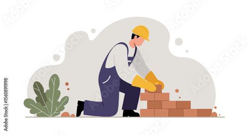 A construction worker in a hard hat carefully lays bricks to build a wall, presented in a clean, modern flat design style ideal for web and marketing materials.