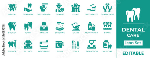 Dental Care Icon Set. Features icons of teeth, braces, dental checkups, hygiene tools, and treatment. Perfect for clinics, dentists, and oral health education.