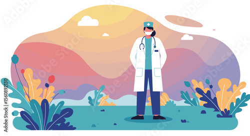 Flat design illustration of a medical professional in a white coat with a stethoscope, standing outdoors against a colorful abstract background.