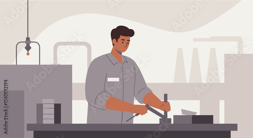 a man in a blue shirt and white name tag working at a workstation with industrial equipment in the background. Suitable for landing page, banner, marketing, web design, presentation, infographic, etc.