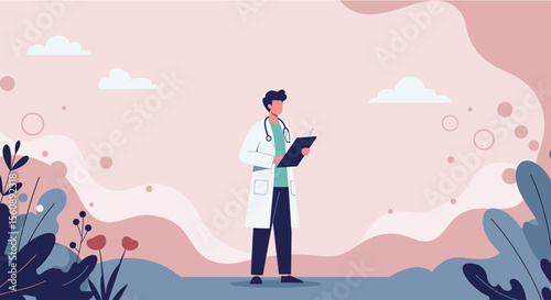 Flat design illustration of a doctor with stethoscope holding a clipboard in a stylized outdoor environment for web or presentation.