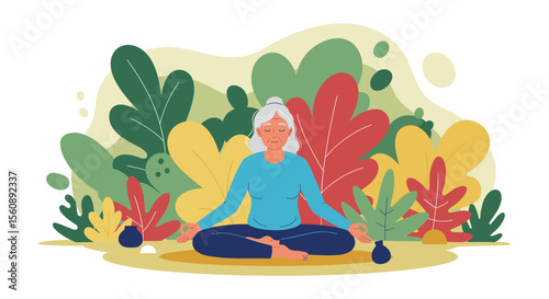 A serene senior woman practices meditation in a vibrant garden, promoting wellness and mindfulness, perfect for a health and lifestyle themed landing page banner.