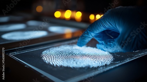 Modern fingerprint analysis station close up of scanned print glowing screen high resolution ridge detail sterile lab surface