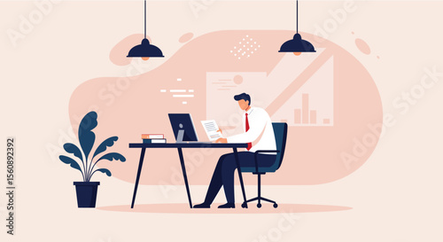 a man sitting at a desk, working on a laptop with a document in hand, surrounded by office decor and a plant. Suitable for landing page, banner, marketing, web design, presentation, infographic, etc.