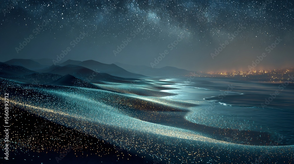 Fototapeta premium Night desert scene glowing bioluminescent sand surreal terrain under starry sky shimmering particles across dunes mysterious and magical mood cinematic lighting