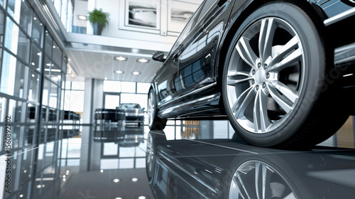 luxury car in modern showroom with reflections