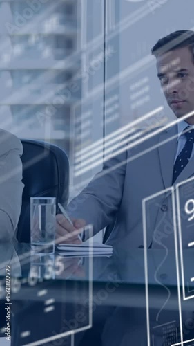 Animation of graphs, changing numbers, loading bars, circles, diverse coworkers conducting interview