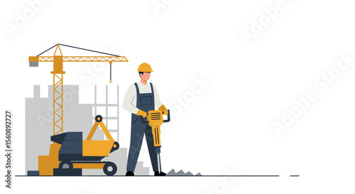 a construction worker standing next to a yellow excavator, with a building in the background, all Suitable for landing page, banner, marketing, web design, presentation, infographic, etc.