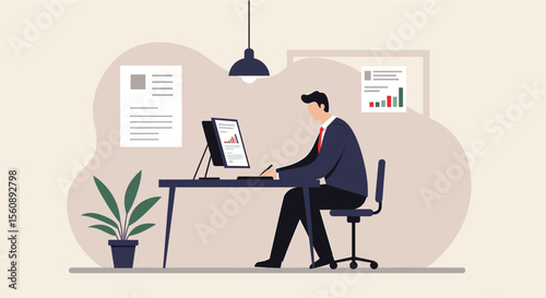 A man dressed in a suit is seated at a desk, working on a computer with a document open in front of him. Suitable for landing page, banner, marketing, web design, presentation, infographic, etc.