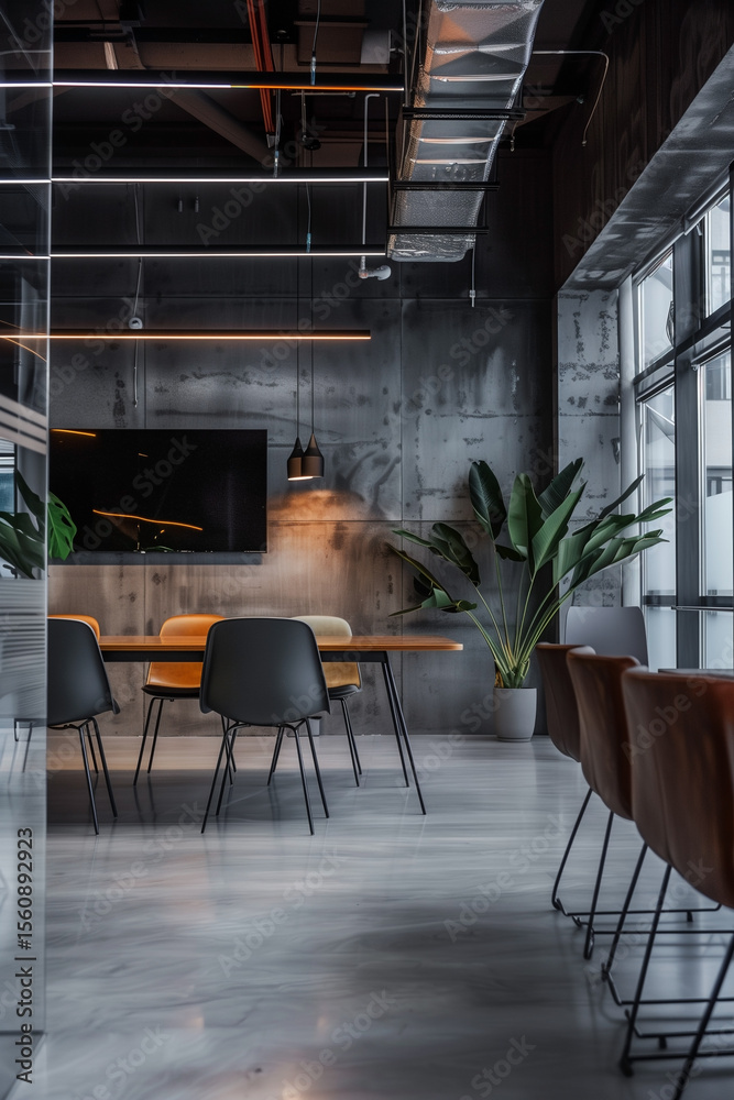 Fototapeta premium Modern office conference room showcasing sleek design elements, natural light, and a calming plant.
