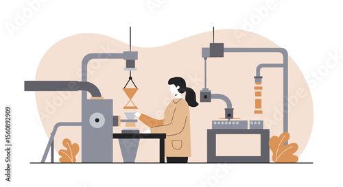 An illustrated flat design depicts a female scientist operating a machine in a laboratory setting, focusing on industrial processes and technological advancements.