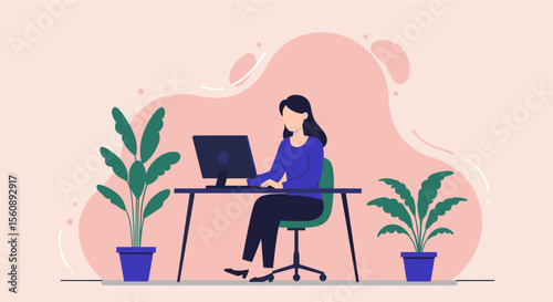 a woman seated at a desk, engrossed in work on a computer, with two potted plants to her side. Suitable for landing page, banner, marketing, web design, presentation, infographic, etc.