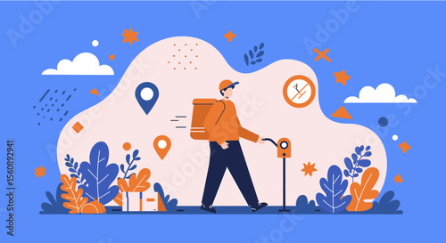 An illustrated delivery person, with a backpack, navigates a city street, showcasing a flat design style, perfect for marketing and web design projects.