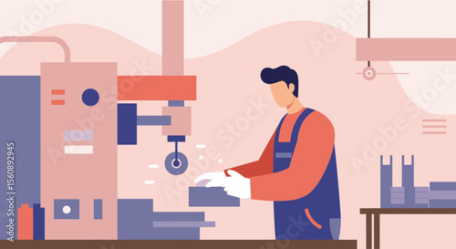 a man in a blue jumpsuit working on a machine with various geometric shapes and colors in the background. Suitable for landing page, banner, marketing, web design, presentation, infographic, etc.