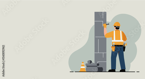 A professional construction worker in a hard hat and safety vest diligently builds a structure in a modern flat design illustration.