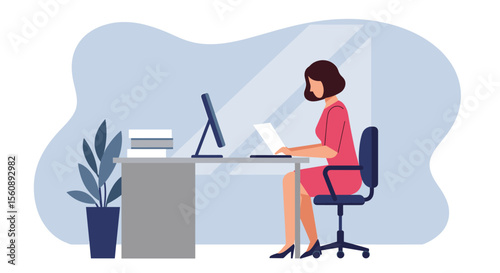 A woman in a pink dress is sitting at her desk, working on a laptop and desktop computer in a modern, minimalist office environment, perfect for a landing page.