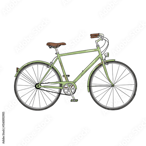 Vintage green bicycle with brown leather seat on white background  