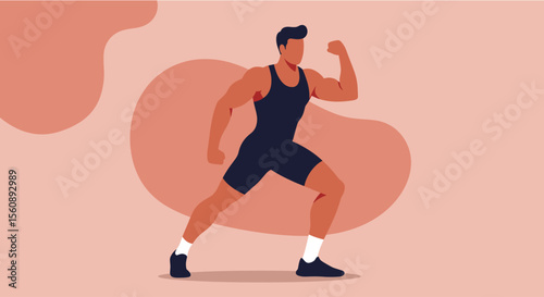 a muscular man in a black tank top and shorts, flexing his bicep. Suitable for landing page, banner, marketing, web design, presentation, infographic, etc.