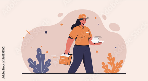 A delivery woman in a uniform carrying a food box and pizza boxes, perfect for a marketing banner or website landing page to promote food delivery services.