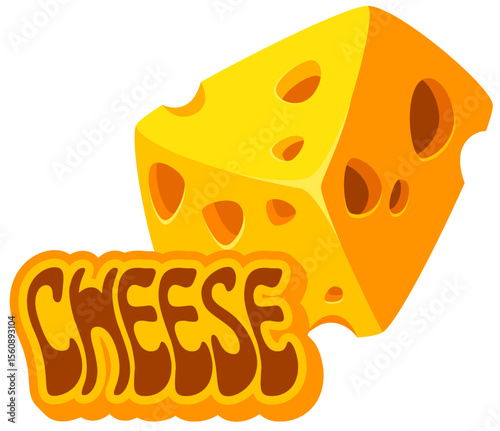 Fast food cheese vintage Y2K sticker or tag. Takeaway restaurant funky vector label, takeout meal condiment Y2K patch. Street food cafe sticker or tag with cheese piece and abstract typography text