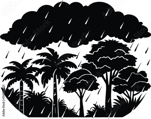 Monsoon Rain Over Jungle, Tropical Rainstorm in Forest