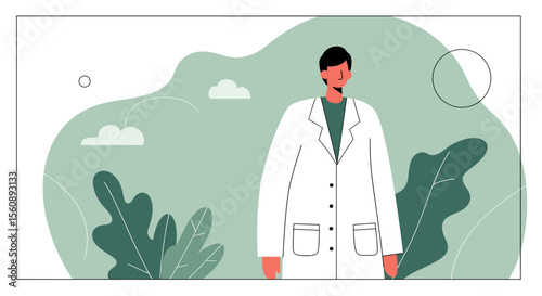 a person in a white lab coat standing in front of a backdrop of green plants and a cloudy sky. Suitable for landing page, banner, marketing, web design, presentation, infographic, etc.