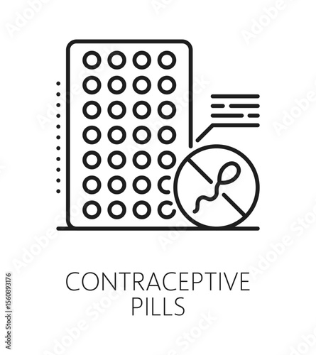 Contraceptive pills contraception method line icon or symbol. Pregnancy prevention method vector icon, family planning technique pictogram. Birth control and contraception symbol with pills blister