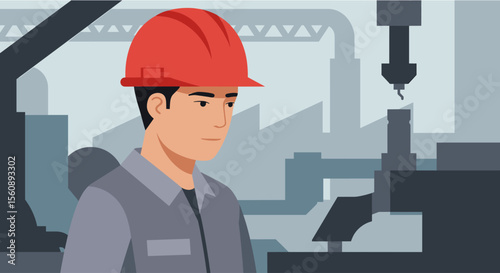 A flat design illustration shows a factory worker with a red hard hat overseeing a manufacturing process, suitable for a landing page or marketing banner.