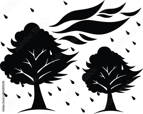 Rain and Wind Blown Trees, Storm in Woodland Terrain
