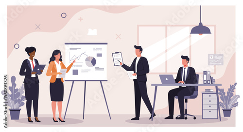 a business office scene with four individuals engaged in work activities. Suitable for landing page, banner, marketing, web design, presentation, infographic, etc.