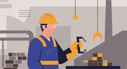 A construction worker in a hard hat and safety glasses inspects materials on a factory floor with industrial equipment.