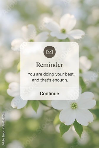 Gentle reminder message overlayed on delicate white dogwood blooms provides inspiration and support, promoting a positive mental state with nature's beauty.