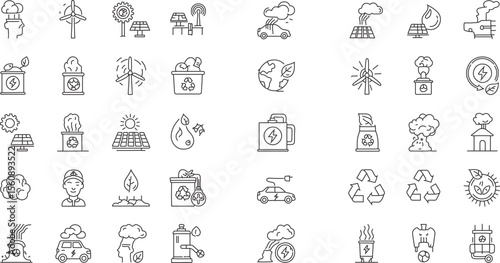 Environmental Disaster Icons Climate Change, Pollution, and Renewable Energy Illustrations