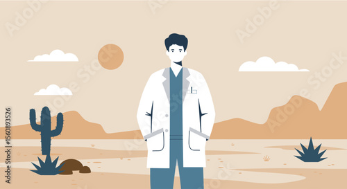 a man in a white lab coat standing in a desert landscape with cacti, mountains, and a sun in the background. Suitable for landing page, banner, marketing, web design, presentation, infographic, etc.