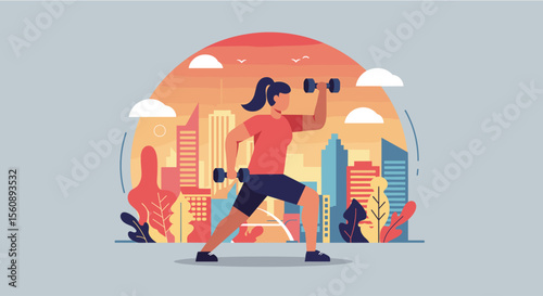 a woman exercising with dumbbells in front of a city skyline at sunset, with clouds and birds in the sky. Suitable for landing page, banner, marketing, web design, presentation, infographic, etc.