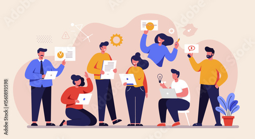 a group of people engaged in various activities, with some holding laptops and others holding signs, all Suitable for landing page, banner, marketing, web design, presentation, infographic, etc.