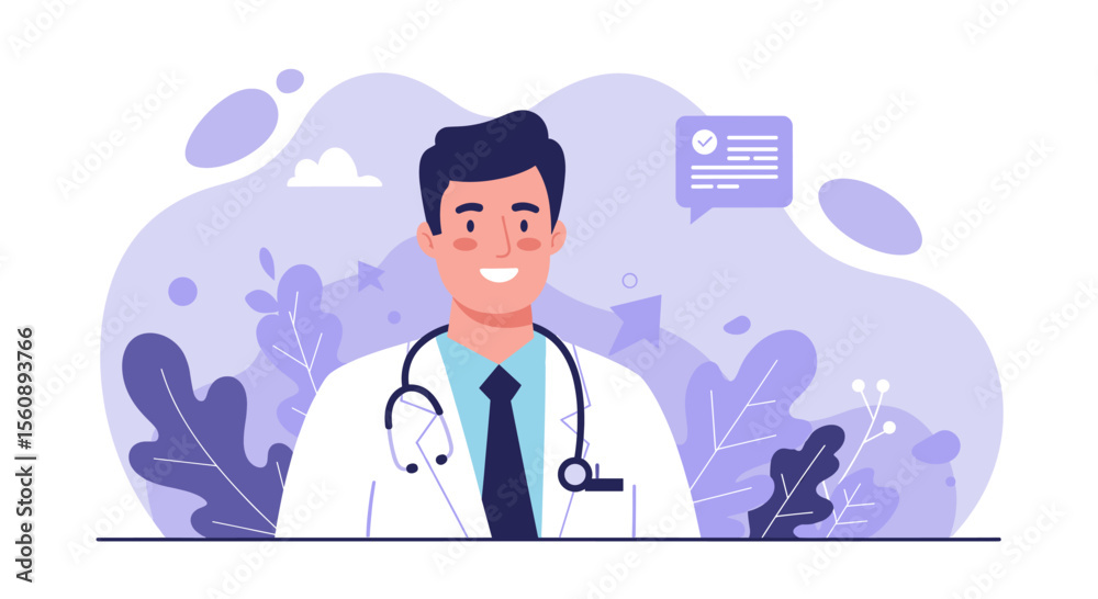 Fototapeta premium a smiling man in a white coat with a stethoscope around his neck. Suitable for landing page, banner, marketing, web design, presentation, infographic, etc.