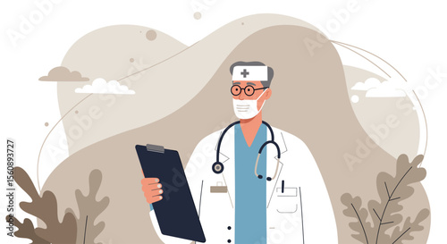 a doctor in a white coat and mask, holding a clipboard, with a stethoscope around their neck. Suitable for landing page, banner, marketing, web design, presentation, infographic, etc.