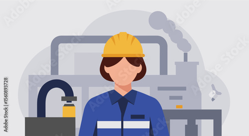 A female engineer in a hard hat and blue uniform stands professionally against a modern industrial factory backdrop, rendered in a clean flat design illustration.