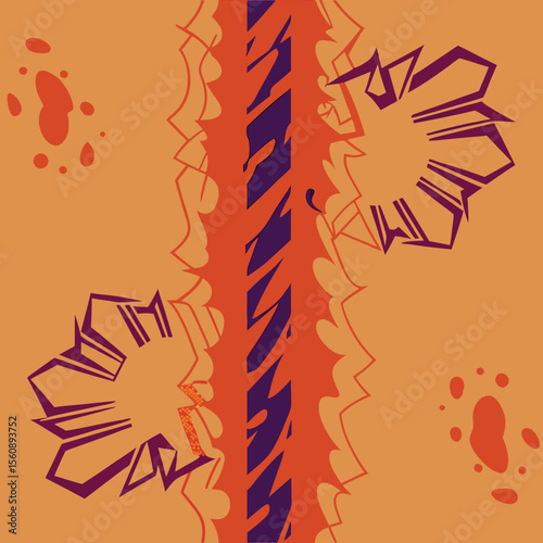 Abstract geometric shapes composition with orange and purple colors on tan background