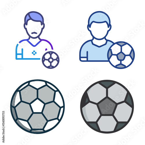 A set of soccer player icons and balls feature simple line art in blue, purple, and gray tones, representing sports themes.