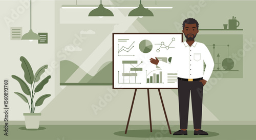 A stylish African-American businessman confidently presents marketing data on a whiteboard during a business presentation in a modern office setting, ideal for landing page banners and web designs.