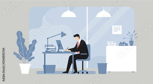 A businessman works at his desk on a landing page design in a modern office, creating a visually appealing and informative web banner for marketing purposes.