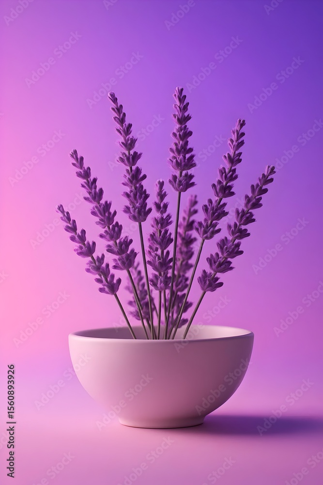 Fototapeta premium Lavender blossoms in a minimalist bowl create a soothing visual with shades of purple, perfect for aromatherapy or a spa-like atmosphere to enhance relaxation.
