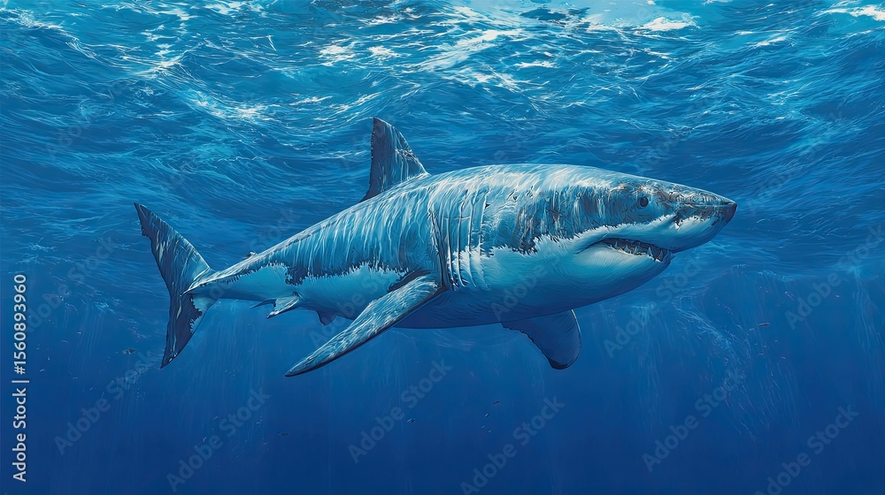 Fototapeta premium Great white shark swimming underwater in deep blue ocean, marine predator wildlife scene with clear light